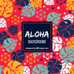 Red background with colorful tropical leaves