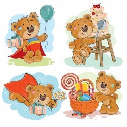 Set of vector clip art illustrations of brown teddy bear wishes you a happy birthday