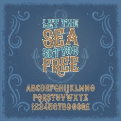 Vector vintage font, the Latin alphabet and numerals in a retro frame and marine background