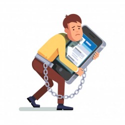 Businessman chained to smartphone