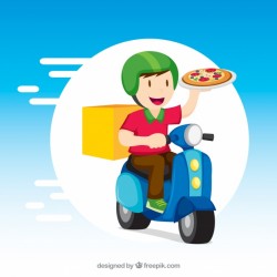 Delivery man with pizza and scooter
