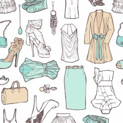 Shopping list in pictures. Pattern of women’s clothing in a romantic style for work and rest