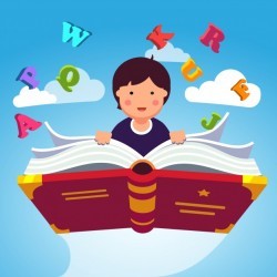 Boy student flying on a magical primer ABC book