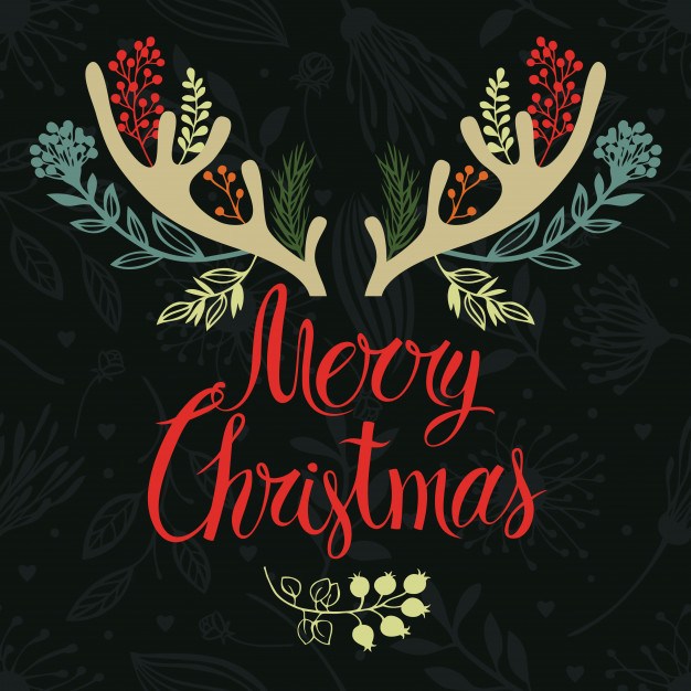 Christmas antlers postcard cover design. Calligraphy and forest herbs