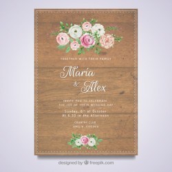 Floral wedding card with wooden design