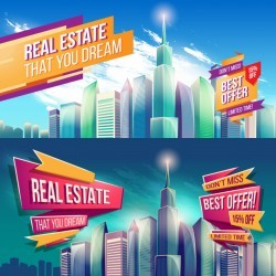 Vector cartoon illustration, banner, urban background with modern big city buildings