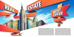 Vector cartoon illustration, banner, urban background with modern big city buildings