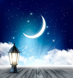 Night background with crescent moon and wooden floor and lamp vector