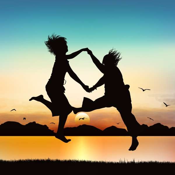 Happy girls are jumping, on silhouette art png
