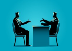 Business illustration of a man being interviewed by recruiter