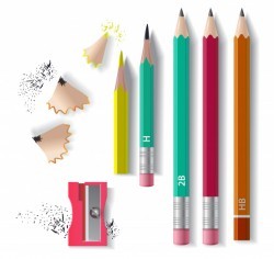 Graphite pencils set, sharpener and sharpening shavings