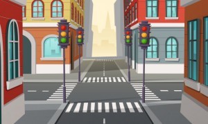 City crossroads with traffic lights, intersection