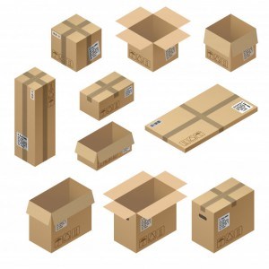 3d isometric set of cardboard packaging, mail for delivery isolated on white