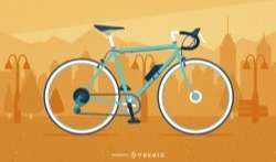 Illustrated bicycle over a cityscape