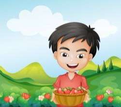 A boy holding a basket of strawberries