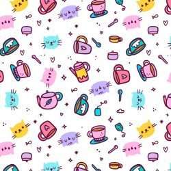 Avatars of cats and mugs seamless pattern