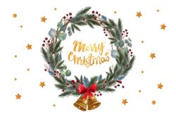 Merry christmas quote in a pine leaves wreath
