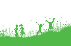 Children playing in grass and flowers