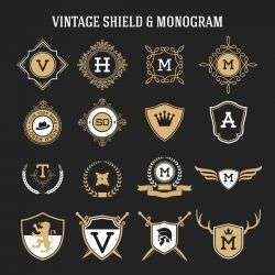 set of vintage monogram and shield elements