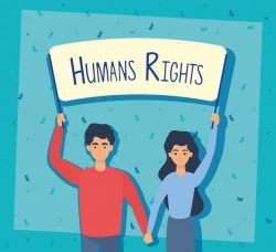 Young lovers couple with human rights label vector illustration design