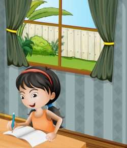 A girl with a headband writing