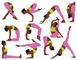 Set of young woman doing yoga and fitness exercises