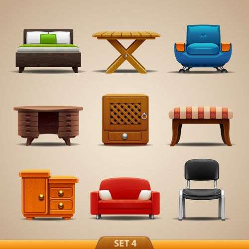 Shiny modern furniture icons vector png